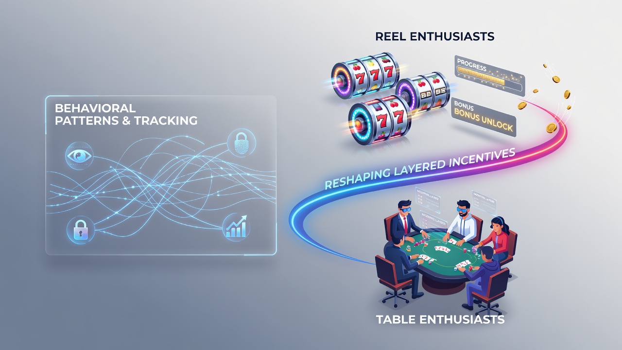 Mobile app interface showing tracked user activity and personalized reward notifications for slot and table games