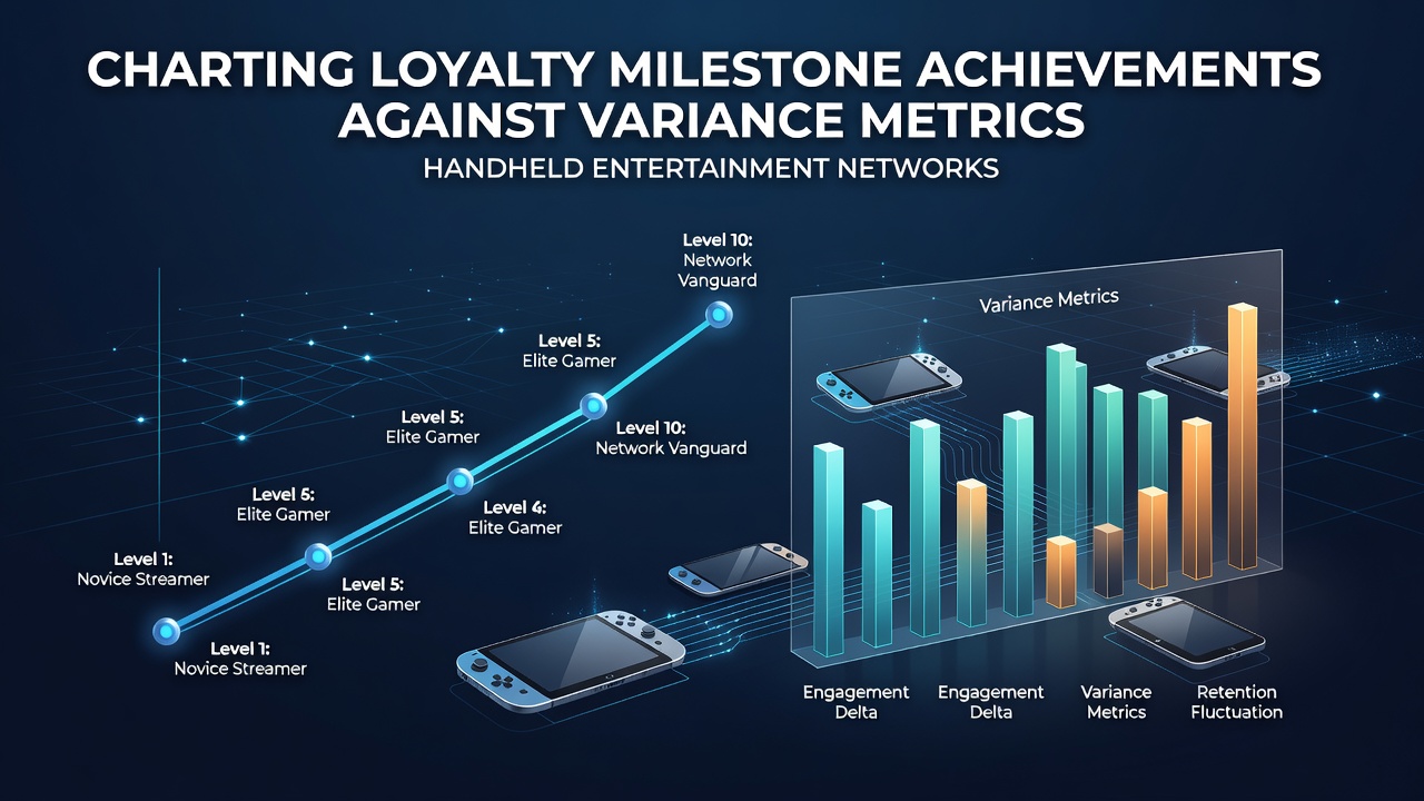 Mobile device displaying loyalty progress charts overlaid on slot game variance data within a handheld entertainment network interface