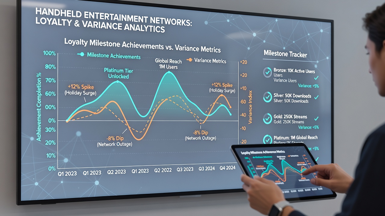 Analytics dashboard comparing loyalty tier progress bars with variance distribution graphs on a tablet screen
