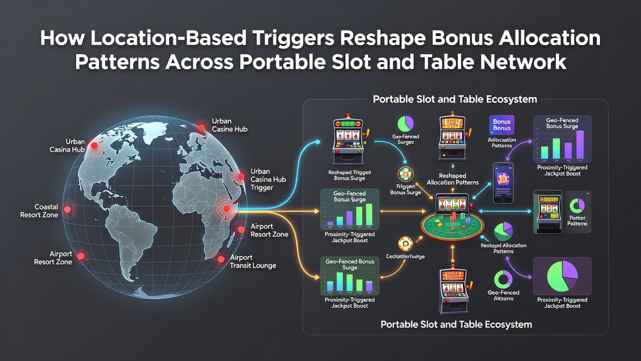 Network diagram showing geofenced zones connected to slot machines and live dealer tables with bonus allocation arrows