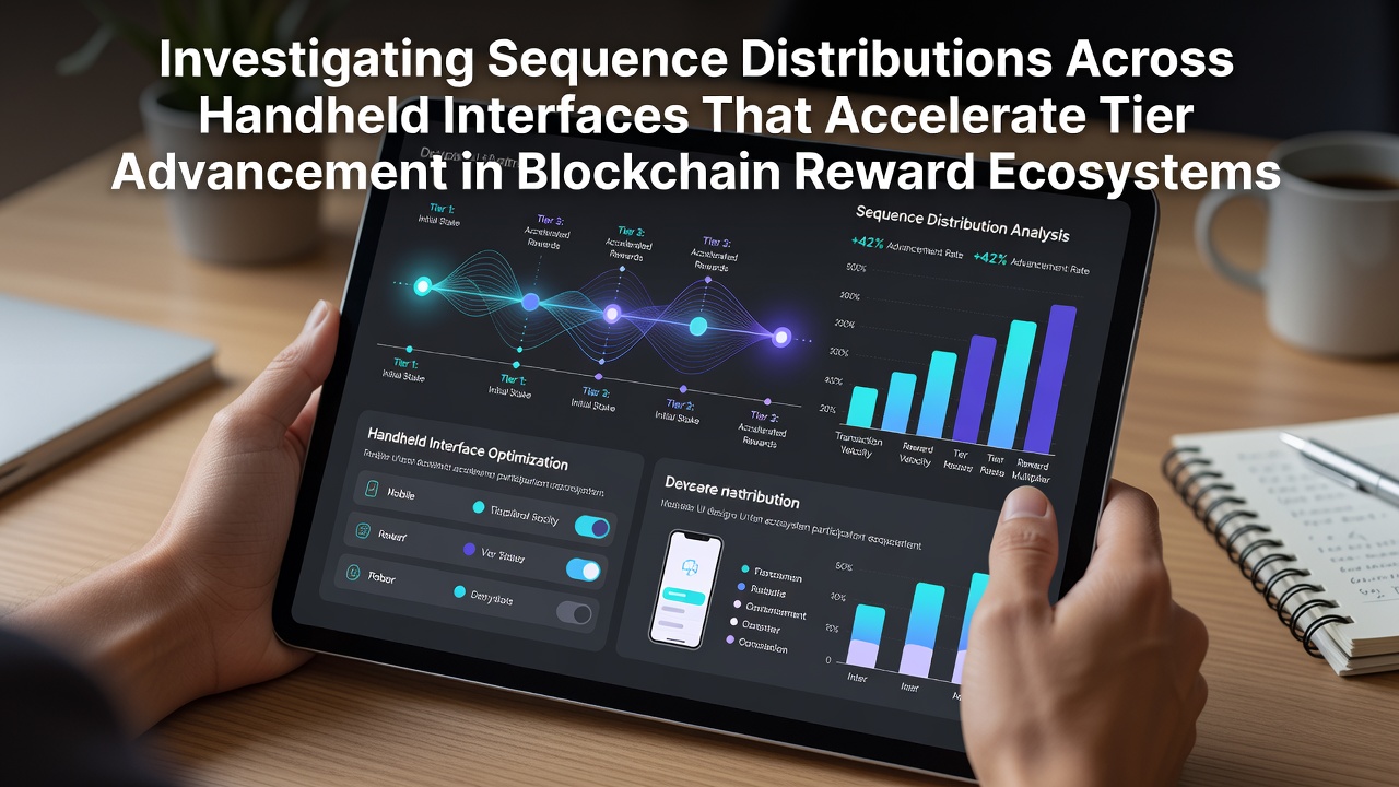 Mobile device displaying blockchain reward interface with tier progression metrics and sequence tracking visualizations
