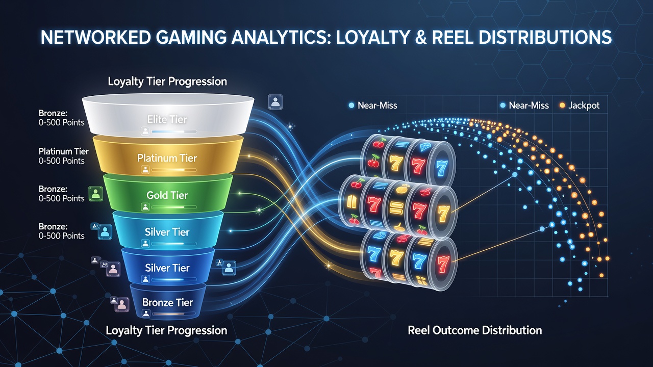 Networked gaming interface displaying loyalty tier indicators alongside slot reel analytics dashboards