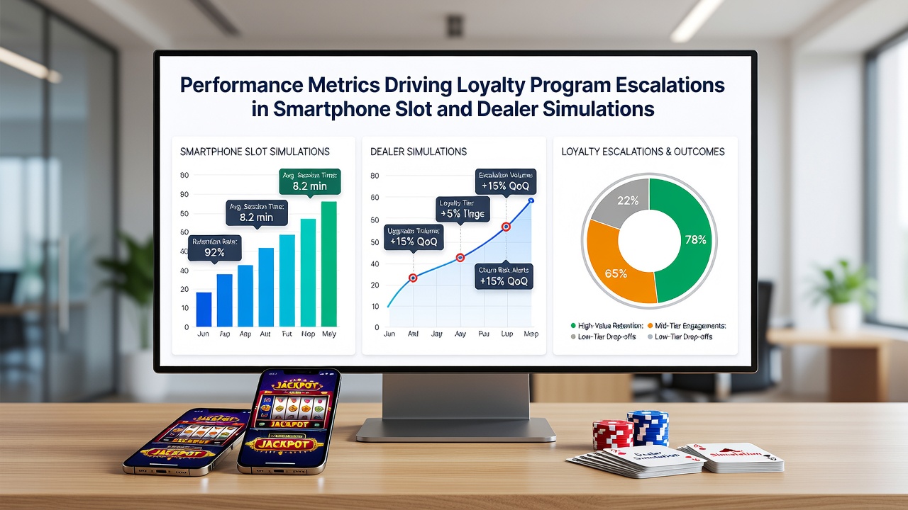 Live dealer simulation interface on tablet showing performance metrics overlay and loyalty progression indicators