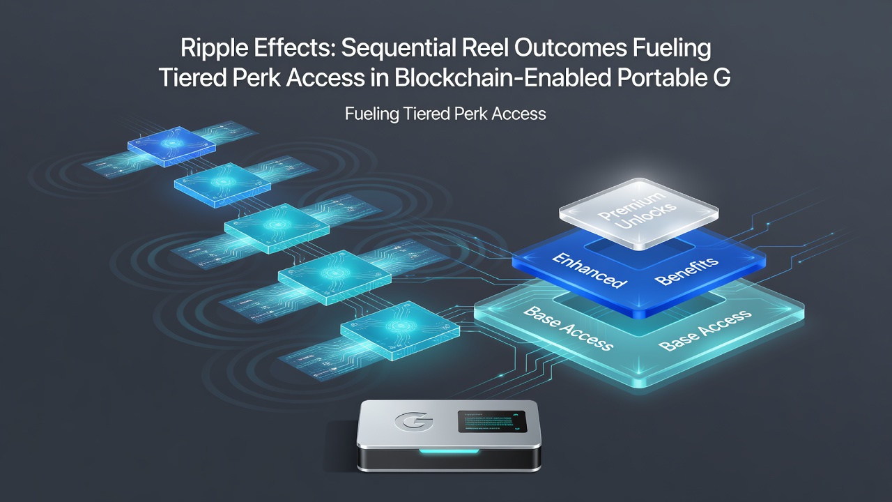 Mobile screen displaying tier progression meter linked to sequential reel results in a blockchain gaming app