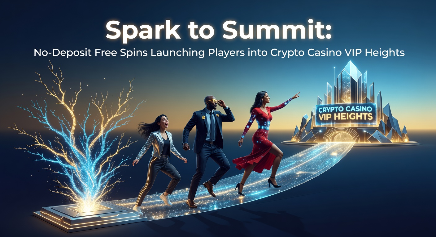 Vibrant graphic showing a rocket launching from sparks toward a summit peak, symbolizing rapid ascent in crypto casino VIP programs via no-deposit free spins