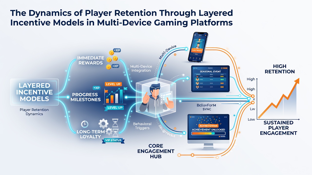 Multi-device gaming setup showing seamless transitions between mobile, console, and PC interfaces with incentive notifications