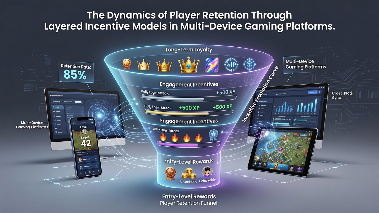 Analytics dashboard displaying player retention metrics across mobile, console, and PC with layered reward progression charts