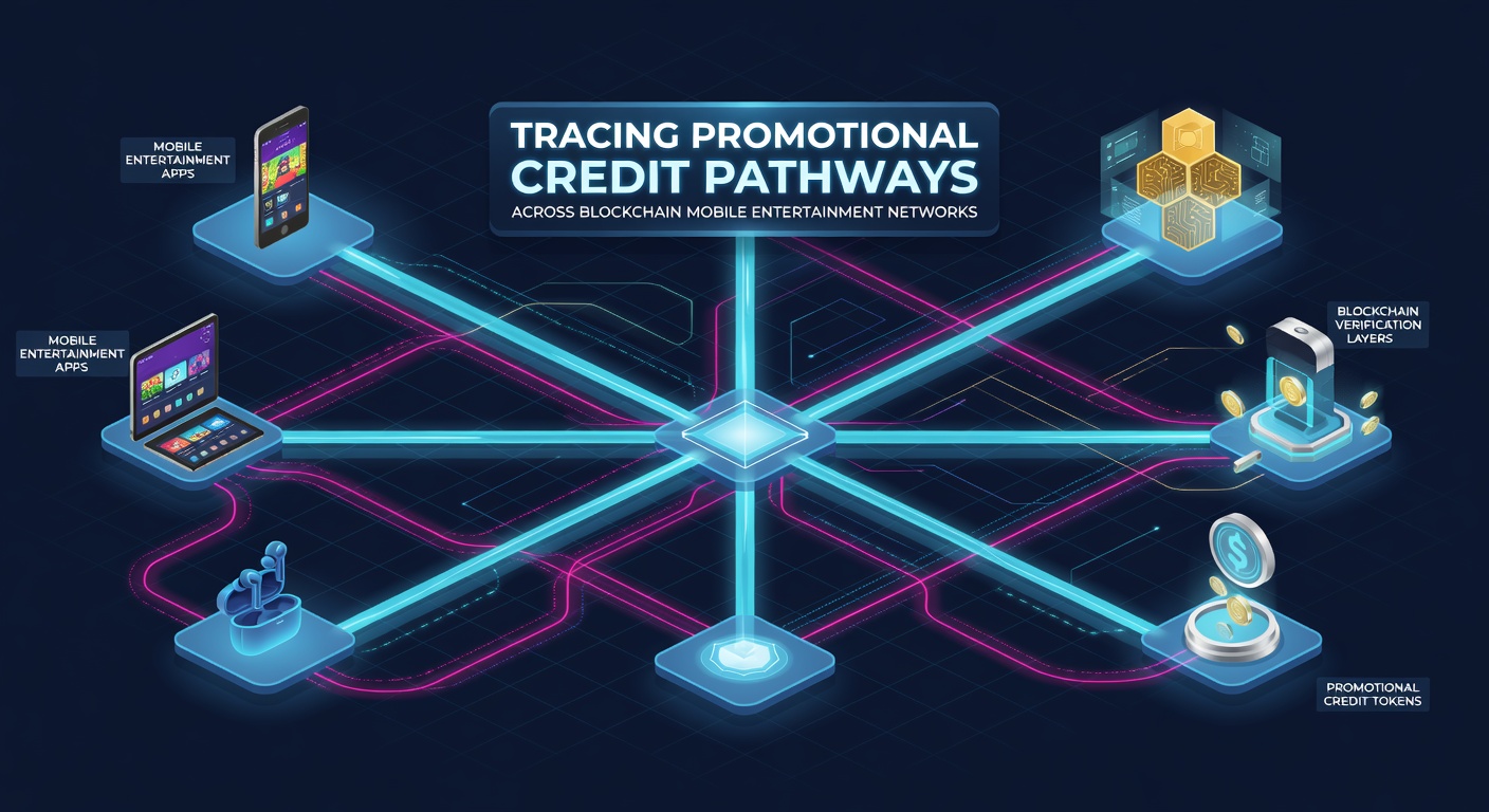 Blockchain network visualization showing promotional credit flows in mobile entertainment platforms